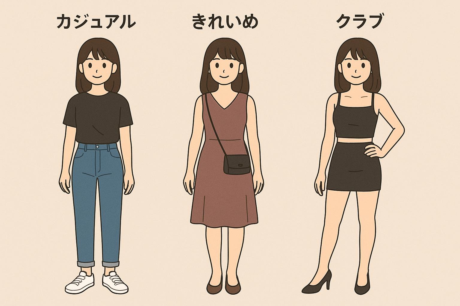 女性クラブコーデ3スタイル比較