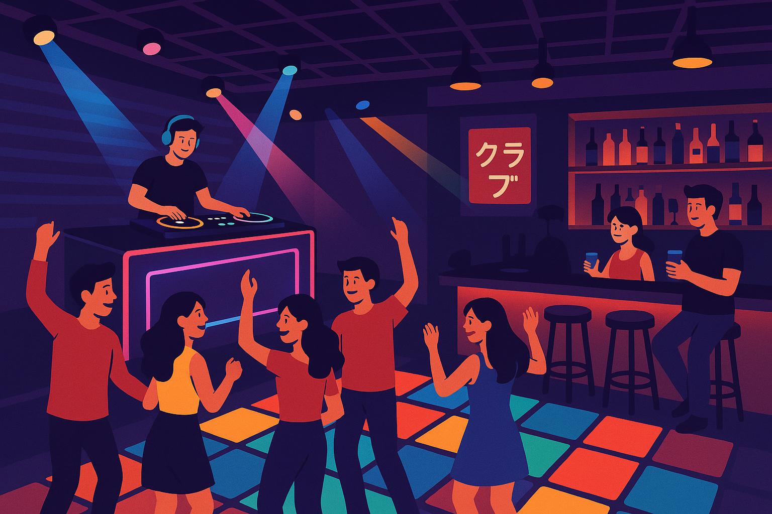 ナイトクラブのフロアとDJブースの雰囲気